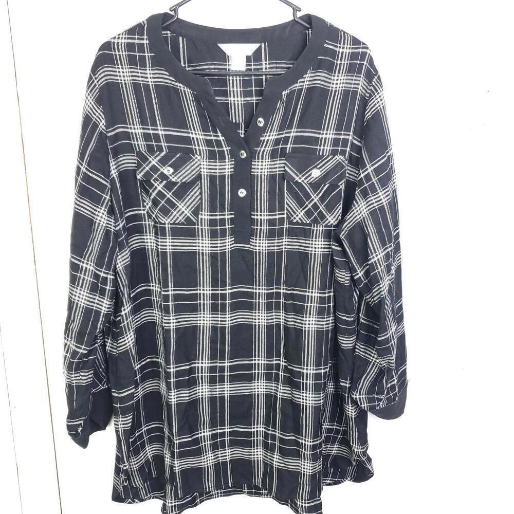 CJ Banks Top Womens 1X Popover Tunic Plaid Flap Pockets Y Collar Quarter Button